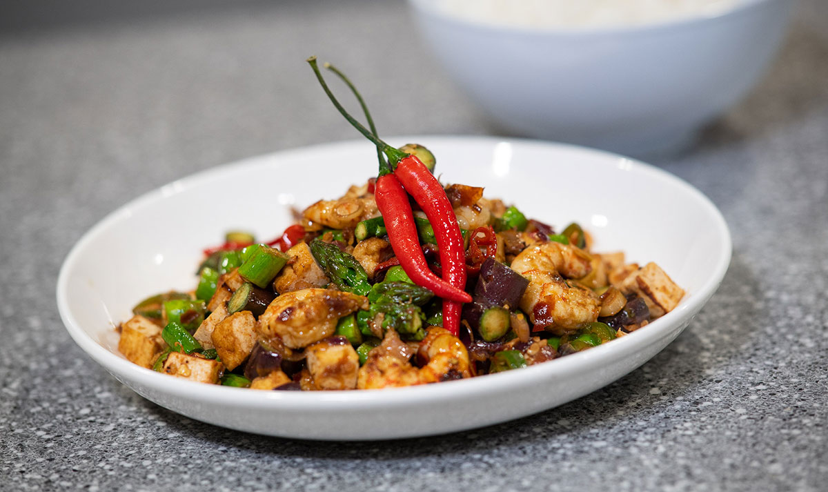 Audra Morrice – November Week 1 – Asparagus Goreng – Stirfry asparagus with tofu, prawns, chillies, lemongrass & tamarind